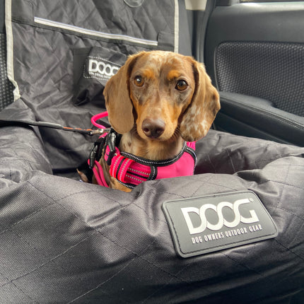 Dog Car Seat by DOOG with dog securely strapped in