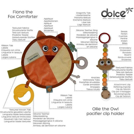 Dolce Toys Earth Cuddle Cloth and Pacifier Chain Fiona Fox & Ollie Owl